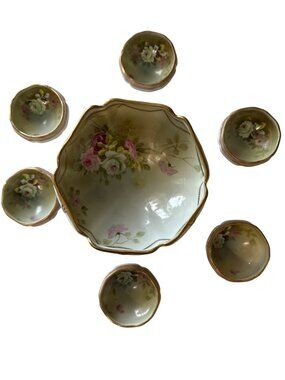 Vintage Hand-Painted Nippon Porcelain Serving Bowl & Dishes Set Gold Trim FLAW
